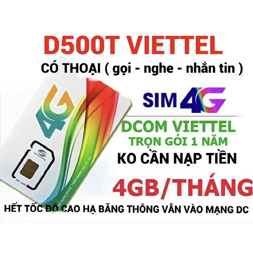 Sim 4G Viettel D500 - D500T - D900 Trọn Gói 1 Năm Data không giới hạn - Sim vào mạng 1 năm không nạp tiền