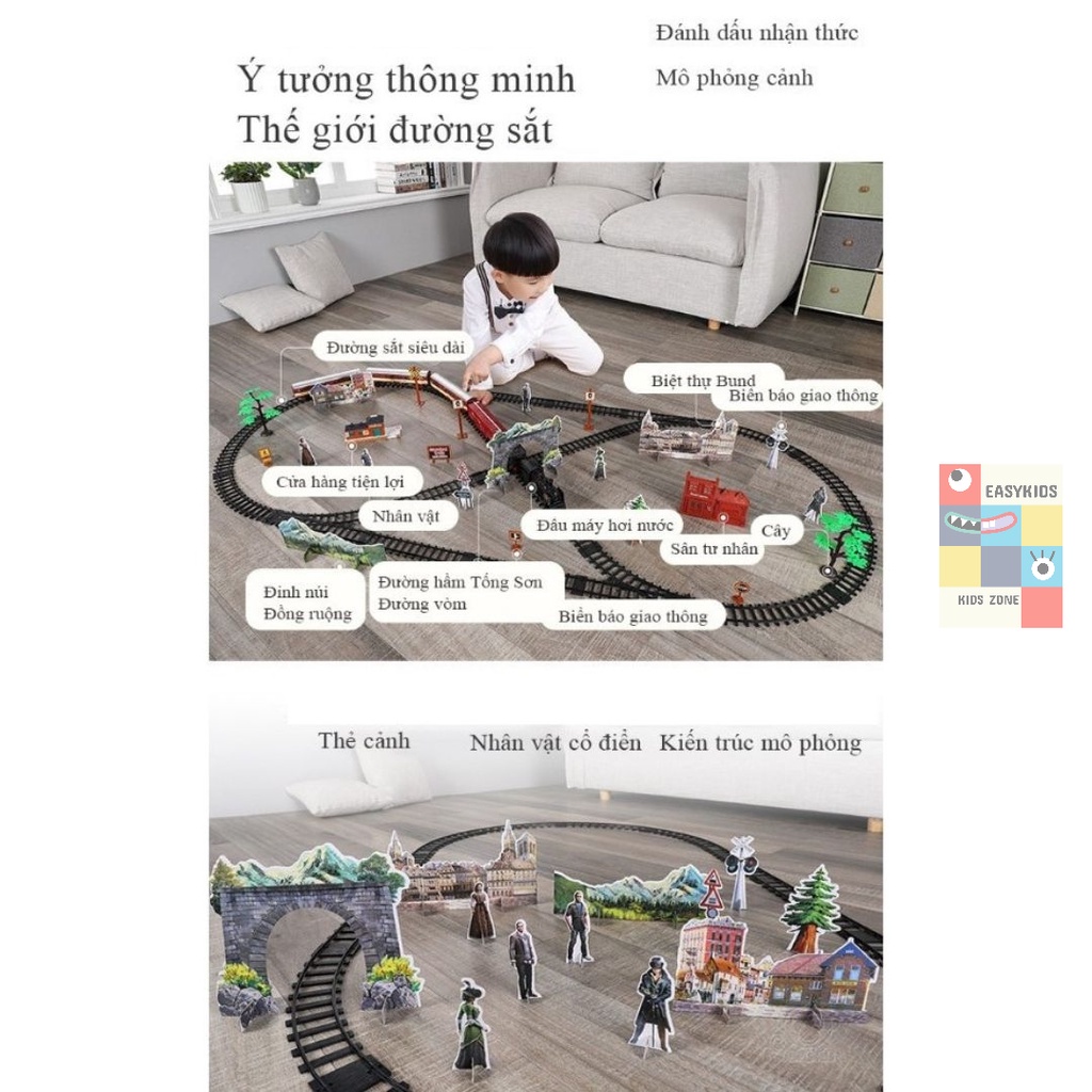 Đồ chơi tàu hỏa, mô hình tàu hoả cổ điển EASYKIDS chạy trên đường ray, nhả hơi nước, có đèn và âm thanh