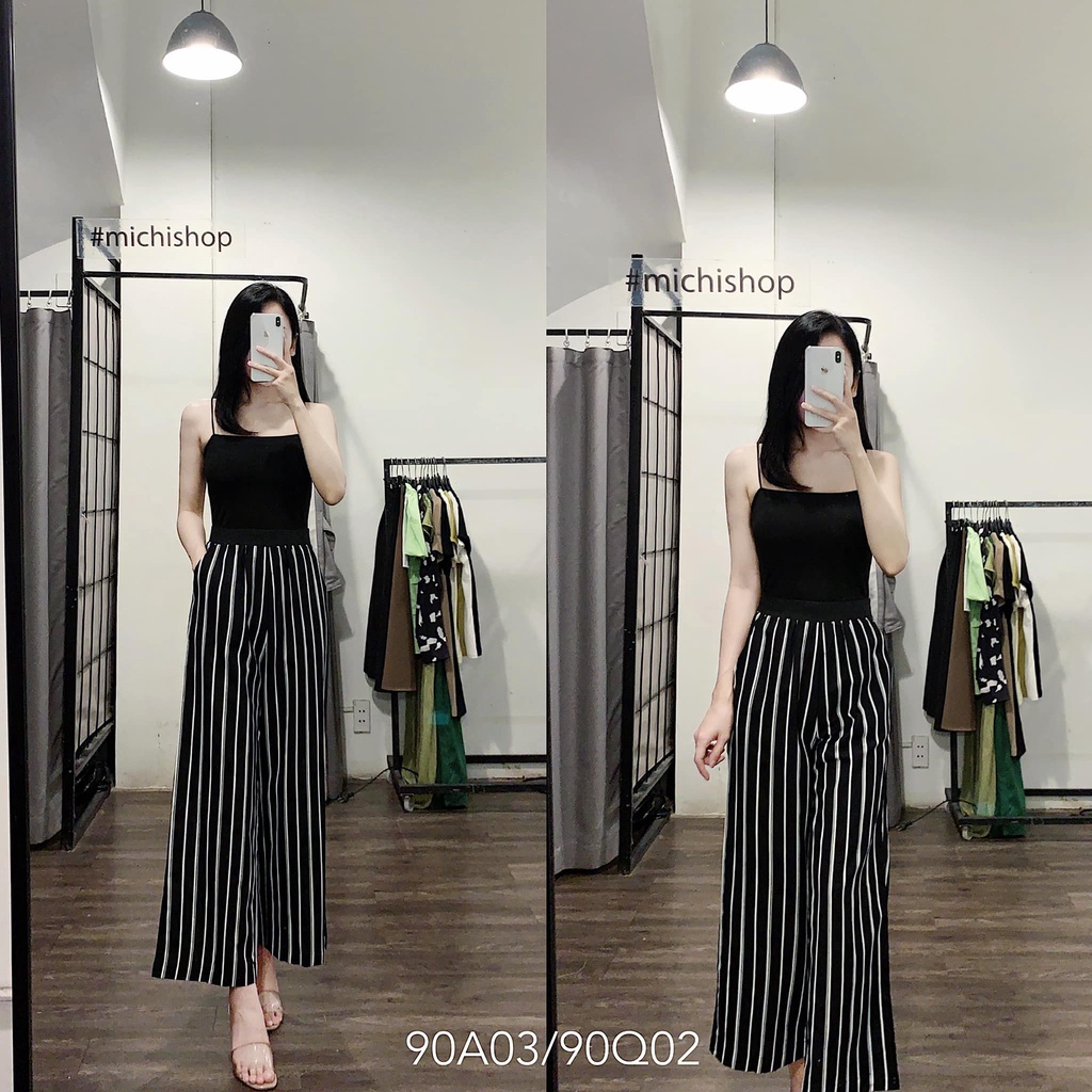 Quần culottes cạp chun đen kẻ sọc- 90Q02
