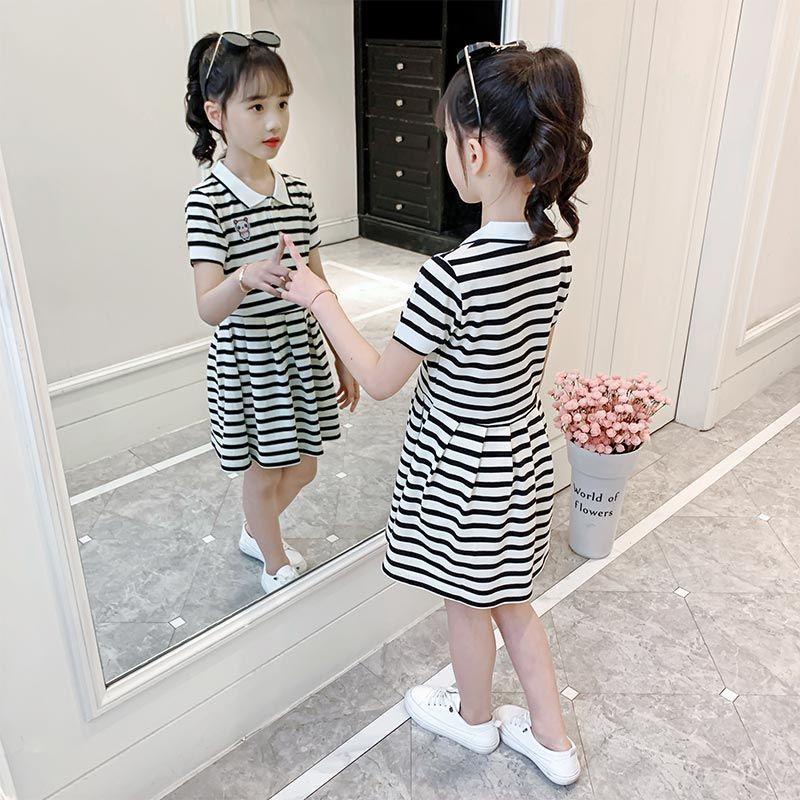 Đầm Xuân Hè 2022 Dáng Suông Kẻ Sọc Trắng Đen Phong Cách Preppy Thời Trang Cho Bé Gái