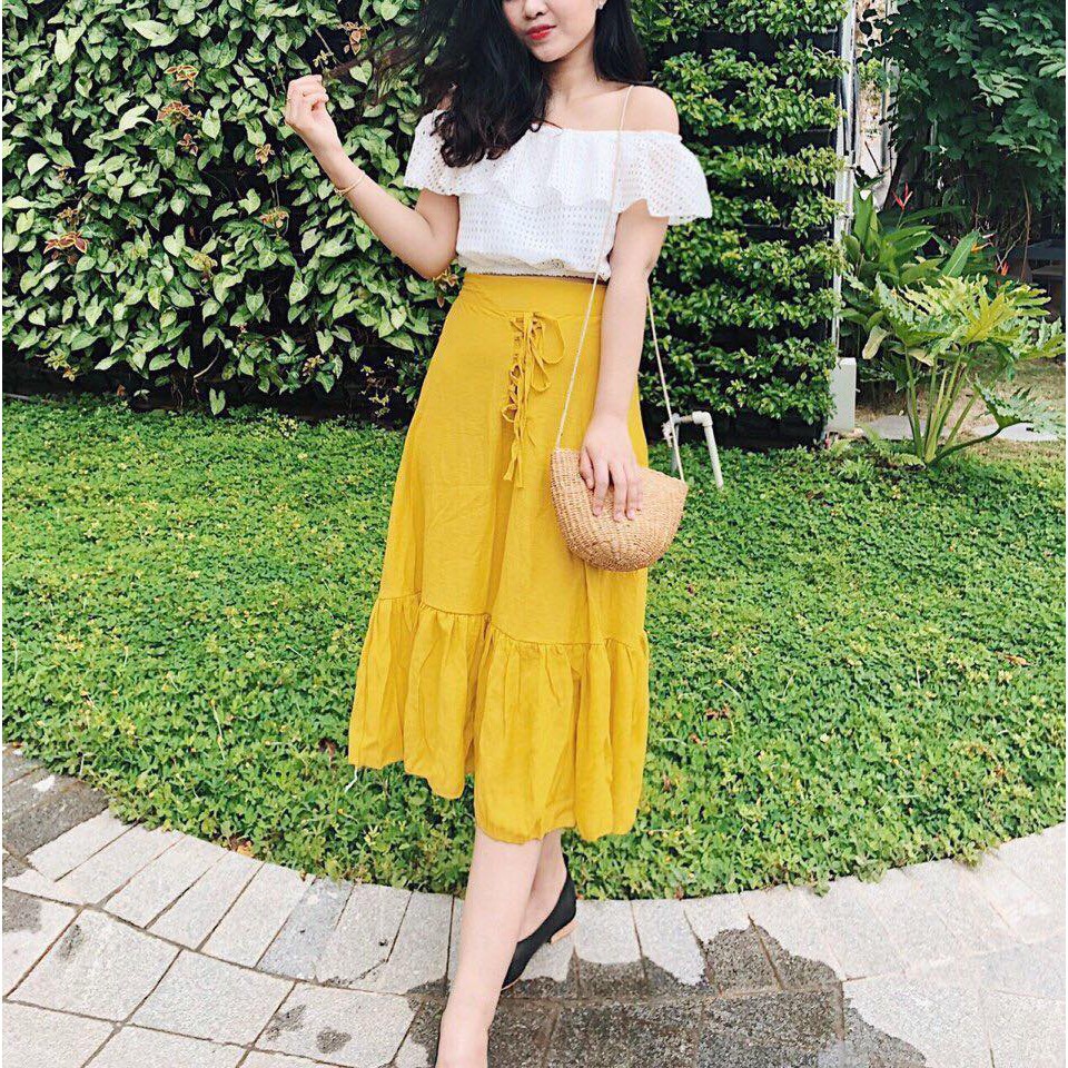 [ xả kho ] HS SET VÁY ĐŨI VÀNG KÈM ÁO TRỄ VAI (CAO CẤP)