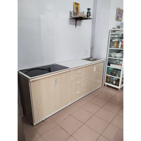 Tủ Bếp Nhựa Đài Loan Cao Cấp - 4 Cánh - 3 Hộc - Mặt Dán Gạch Men Có Bếp Điện - Hiện Đại,Tiện Ích