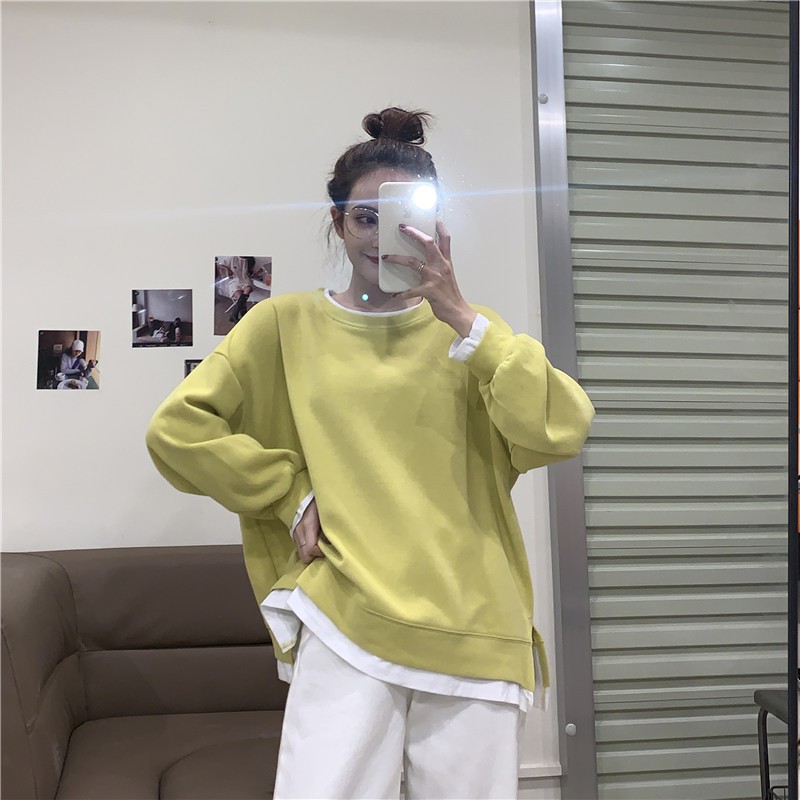 ÁO KHOÁC BASIC / SWEATER NỮ TAY DÀI CỔ TRÒN DÁNG DÀI TRƠN PHỐI VẢI TRẮNG UNISEX