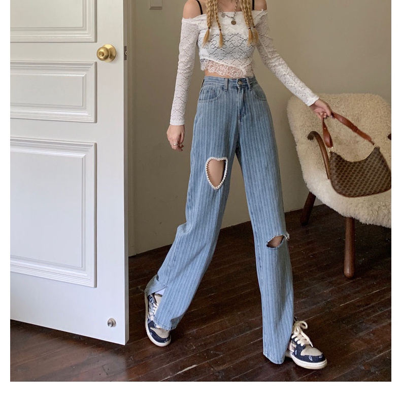 Quần Jean Dài Ống Rộng Thiết Kế Rách Thời Trang Hàn Quốc Cá Tính Trẻ Trung