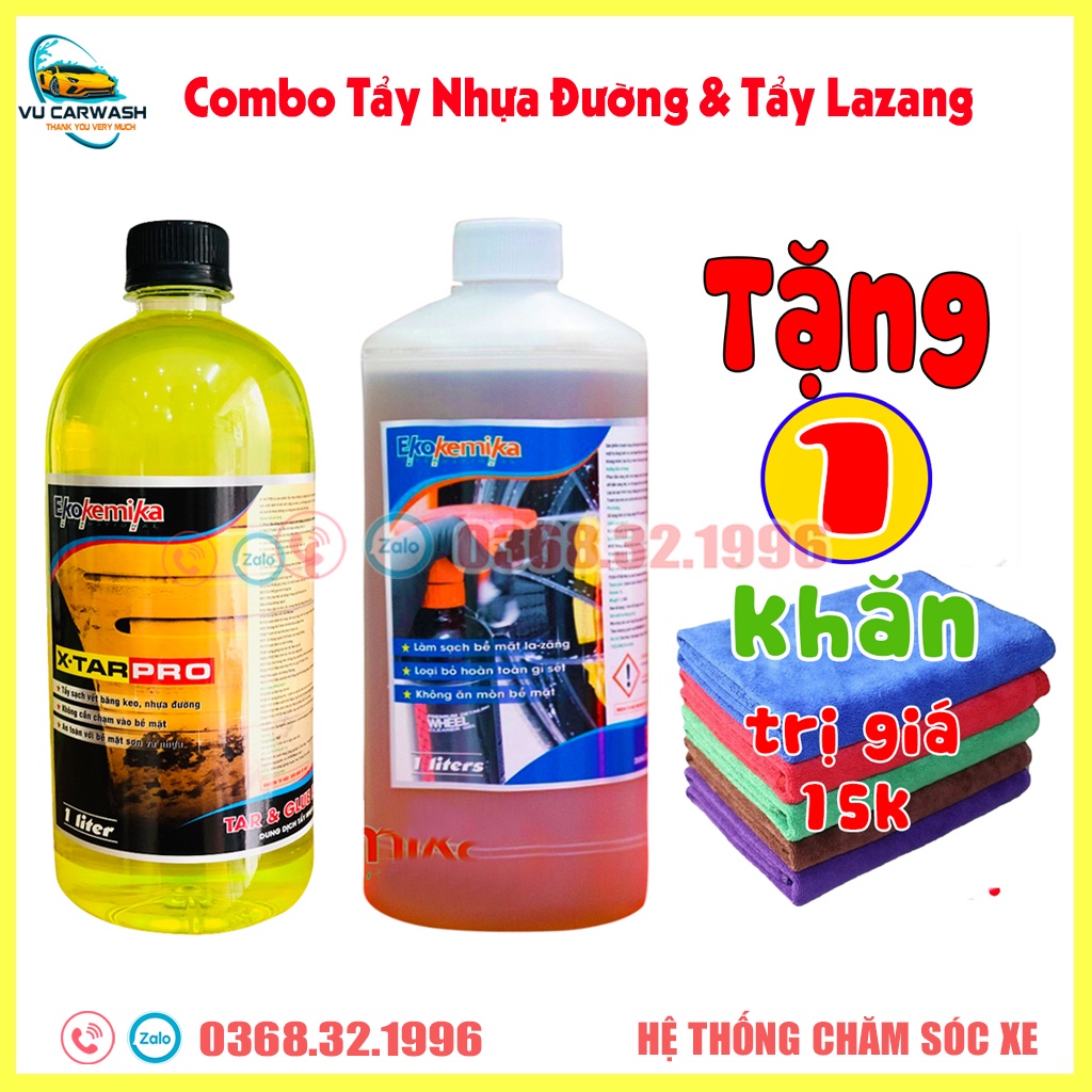 Combo Vệ Sinh Lazang và Vệ Sinh Băng Keo Nhựa Đường Ô Tô, Xe Máy Ekokemika 1L