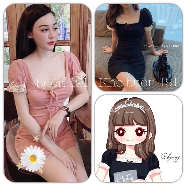 Đầm Body Nữ - Váy Cổ Vuông Tay Bồng Phối Ren Nơ Ngực Sexy - VN11