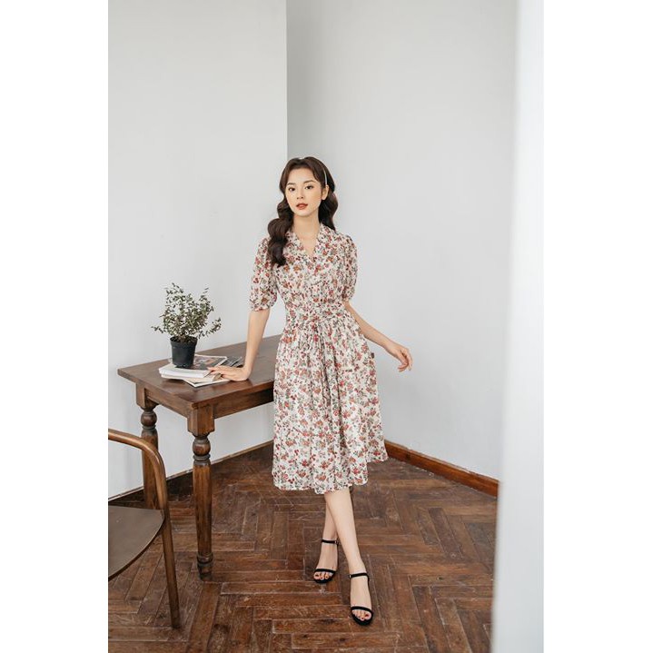 Váy hoạ tiết hoa vintage đan dây eo
