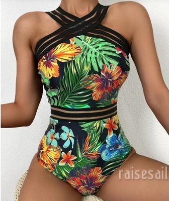 Rs-Women´s Sexy Leaves Flower Printing Swimsuit, Classic Sleeveless High Waist Playsuit, Tight V-neck Romper