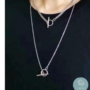 Vòng cổ 2 lớp mẫu mắt xích mặt chữ O phối thanh ngang độc đáo thời trang Hàn Quốc unisex, set 2 dây chuyền