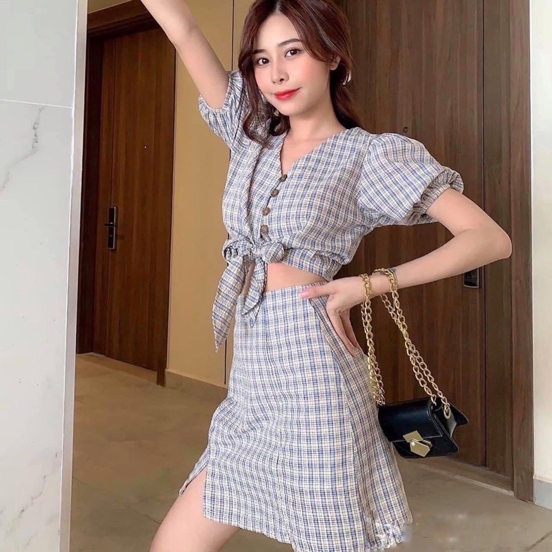 SET XINH Lyn Set gồm chân váy và áo croptop chất vải caro xốp xịn thiết kế cột nơ style ullzang
