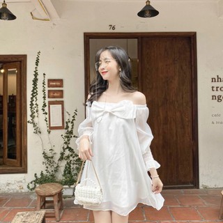 Áo Trễ Vai Nơ Voan Trắng Tay Dài  🦋FREESHIP🦋 Áo Tay Bồng Bó Chun Có Nơ Ngực