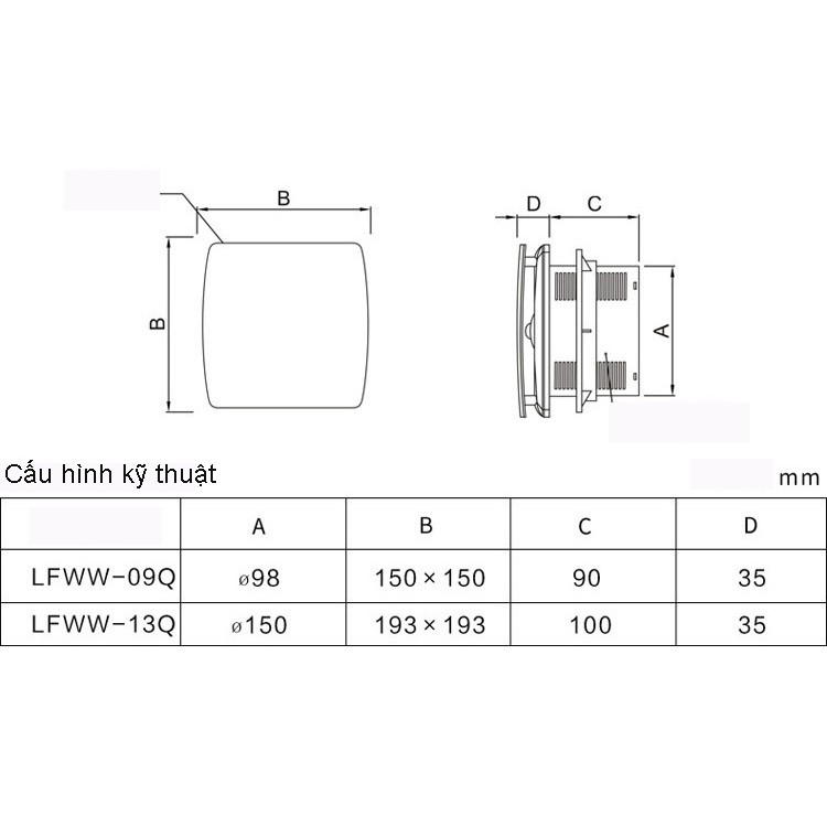 Quạt thông gió thiết kế phẳng gắn tường LAVFILL LFWW-13Q ; LFWW-09Q