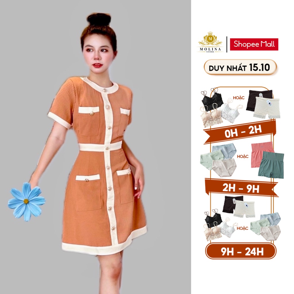 Đầm Xốp Thiết Kế Molina Viền Trắng Nút Vàng Dáng Chữ A Phối Túi