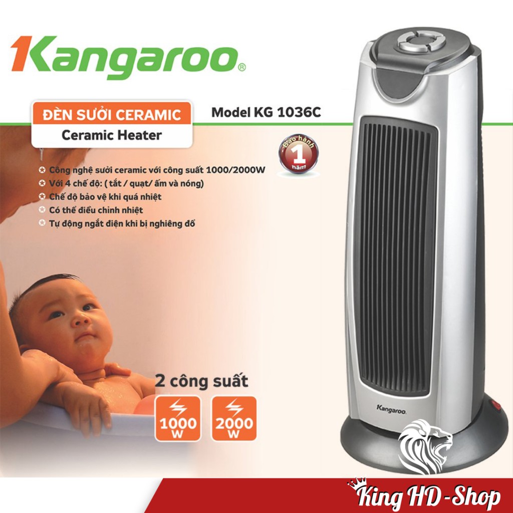 Quạt sưởi gốm ceramic Kangaroo KG1036C 2000W, làm ấm nhanh, không đốt cháy oxi, không làm khô da