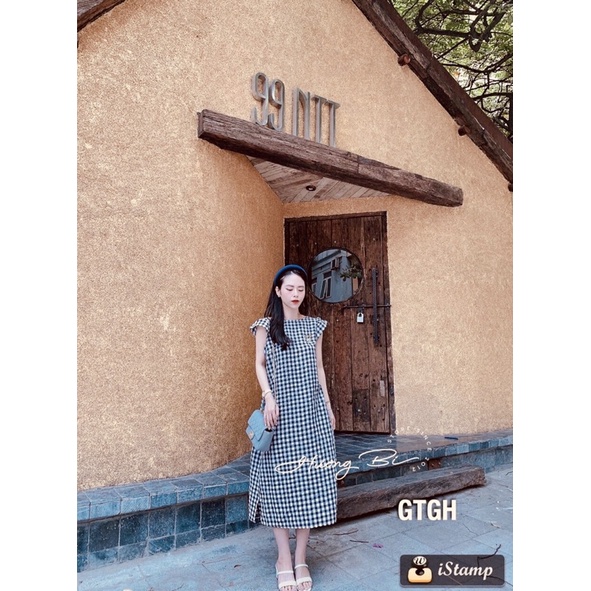 váy kẻ tay cánh tiên
