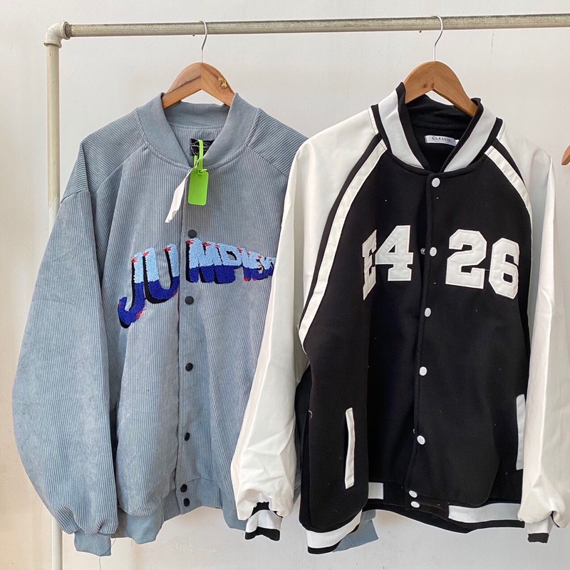 Áo Khoác Bomber Jacket Tay Da Varsity F426 Màu Xanh Hồng Đen Oversize