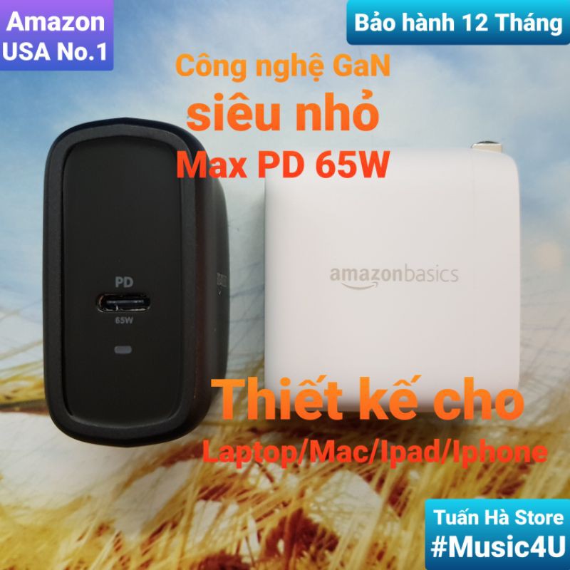 Củ sạc nhanh USB Type C GaN PD 65W (hỗ trợ 60W, 45W, 30W, 25W), Amazon Basic, cho Laptop,Macbook,Ipad, Iphone [Music4U]