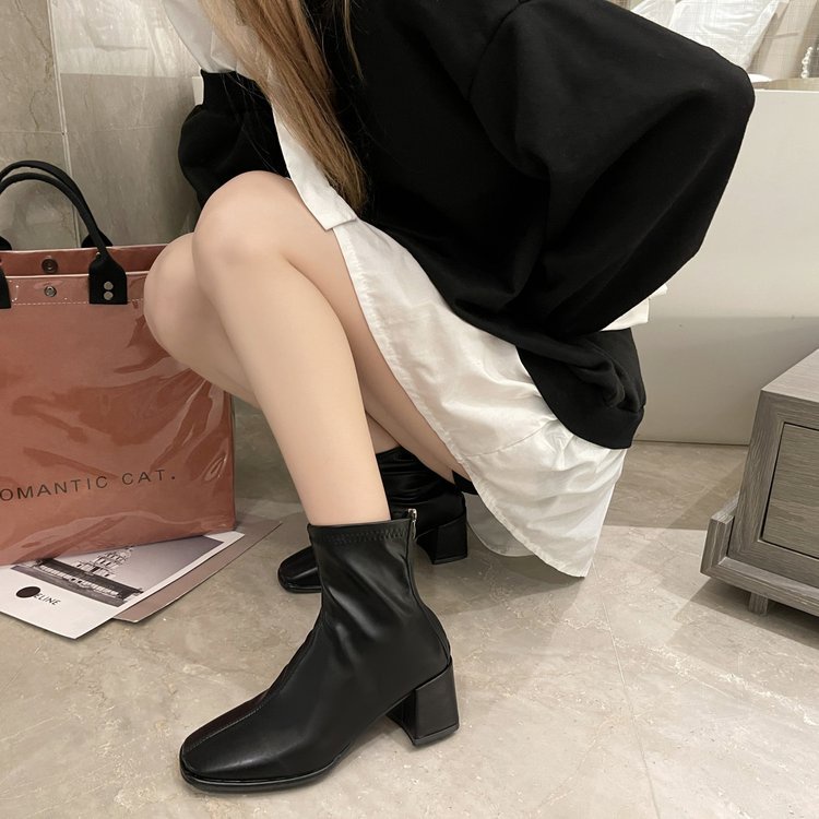 Giày bốt cao gót mũi vuông phối khóa kéo thời trang cho nữ