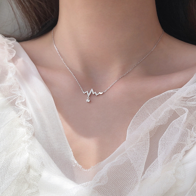 Ahellogirl Dây chuyền bạc 925 mặt hình nhịp tim đính đá giả thời trang dành cho nữ