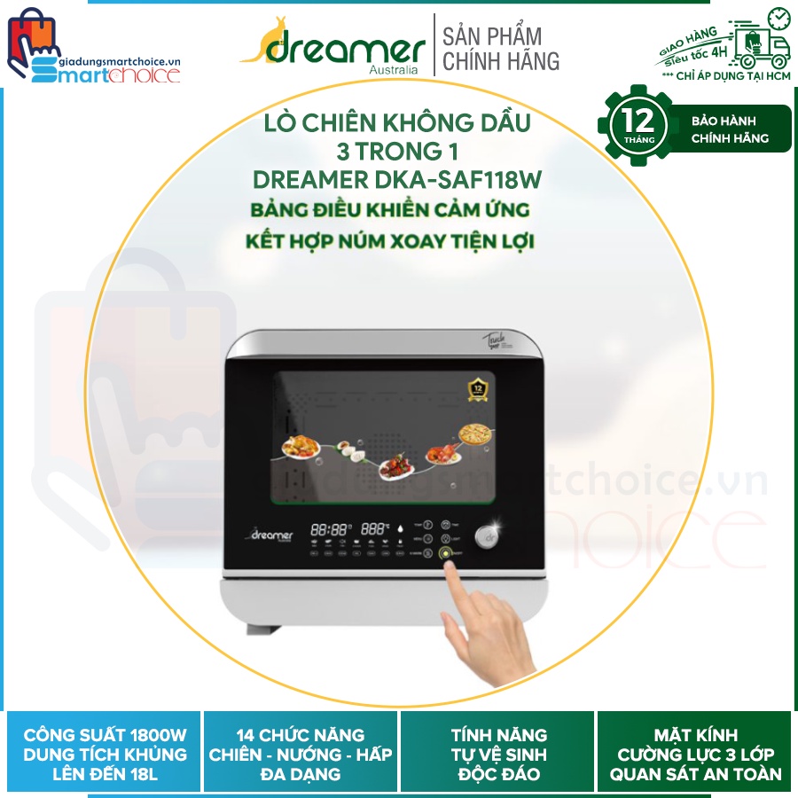 Lò chiên hơi nước 3 trong 1 Dreamer DKA-SAF118W, Chiên - Nướng - Hấp, Điều khiển cảm ứng, Công suất 1800W, Tự vệ sinh
