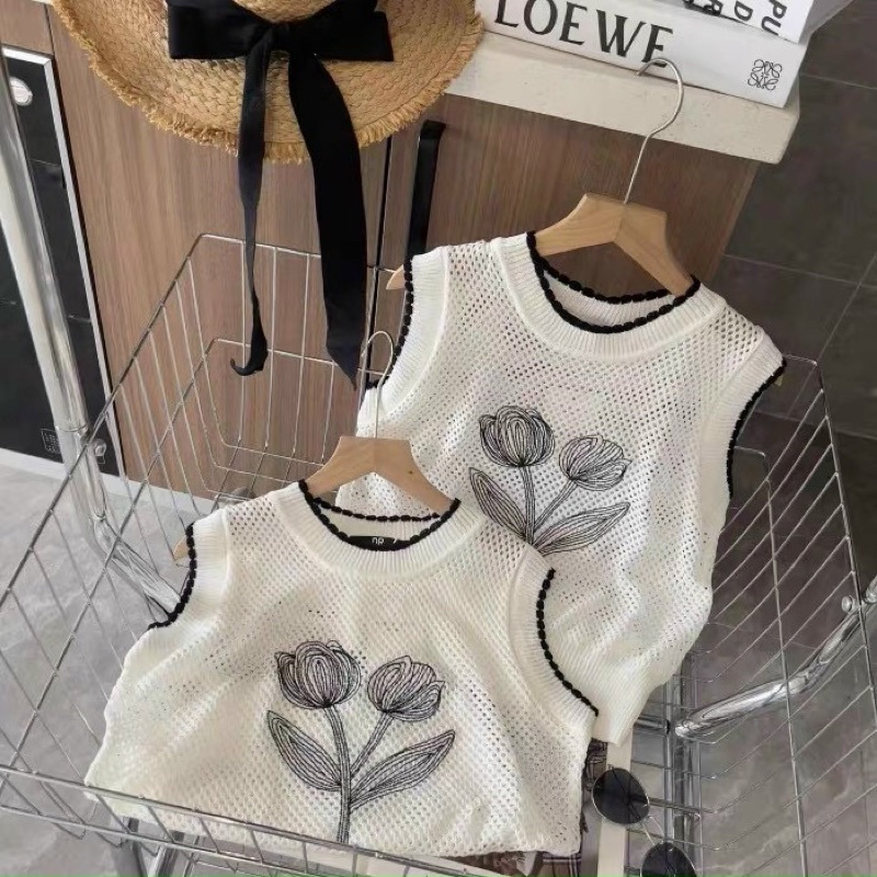 Áo len lưới mỏng sát nách hoa ngực, Áo kiểu ba lỗ mỏng mát AL6803 - NhiNhi Shop