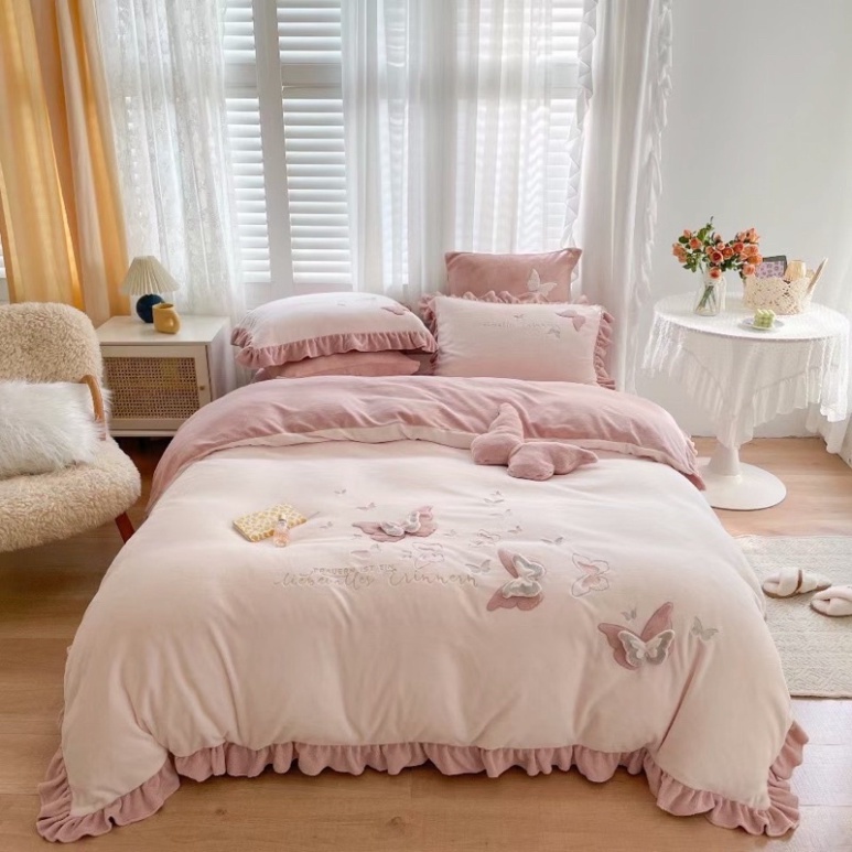 Bộ Chăn Ga Gối Nỉ Mịn Siêu Mướt Thêu Cánh Bướm Đẹp Suất Sắc, Sẵn Hàng Giá rẻ