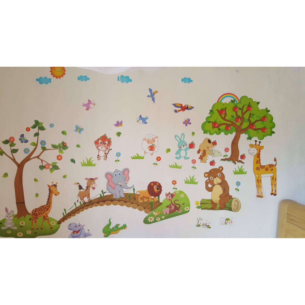 Decal dán tường combo thú qua cầu - vườn cherry