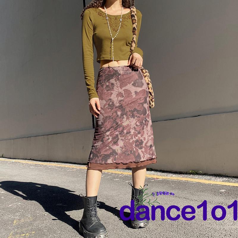 Áo croptop tay dài cổ tròn in họa tiết hoa xinh xắn cho nữ