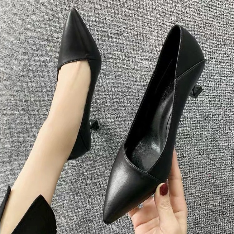 Giày cao gót nữ [da thật] công sở bít mũi 5 7 phân big size, da mềm như bún vạt xiên FFAN STORE