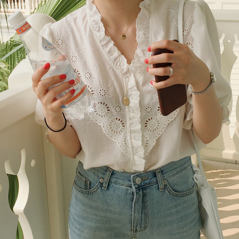 Áo kiểu thời trang cổ chữ V đáng yêu  dành cho nữ