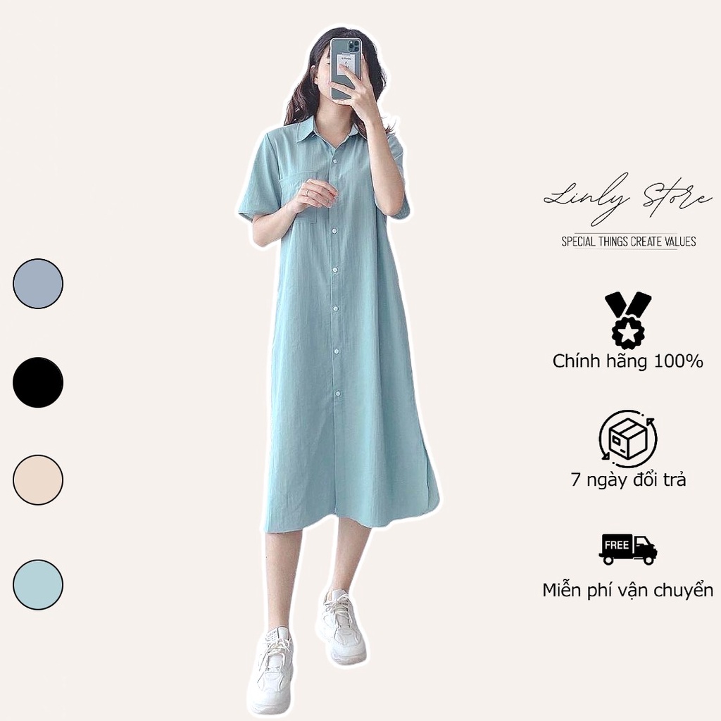 [Mã Fadep2212 Giảm 10K Đơn Từ 99K] Váy Sơ Mi Nữ Dáng Dài Linly Store Thắt Eo Form Suông Vintage V - Smn