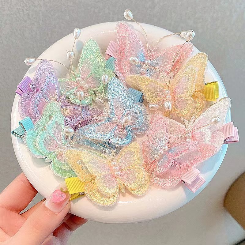 Kẹp Tóc Lưới Thêu Hình Bướm Hai Lớp Đính Ngọc Trai / Bướm Màu Gradient Thanh Lịch