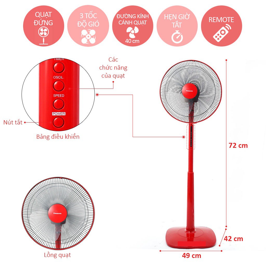 Quạt Đứng Panasonic F-409k + Remote (Đỏ) - Công Suất 54w - Bảo Hành 12 Tháng