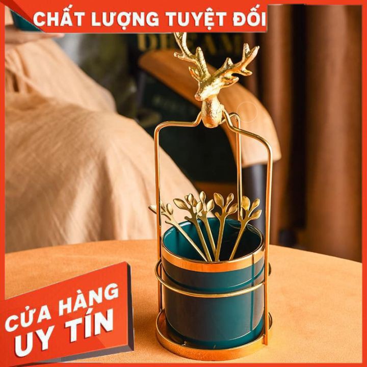 Set 6 thìa cà phê, pha trà ☘ 𝐅𝐑𝐄𝐄 𝐒𝐇𝐈𝐏☘ kèm cốc sứ và lồng đựng cốc đầu hươu mạ vàng siêu sang chảnh