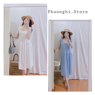 Váy, đầm nữ 2 dây bản to buộc nơ 3 tầng babydoll 2 màu