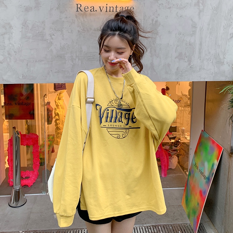 Happy-store  Áo thun Tay Dài Dáng Rộng Phong Cách Thời Trang Hàn Quốc