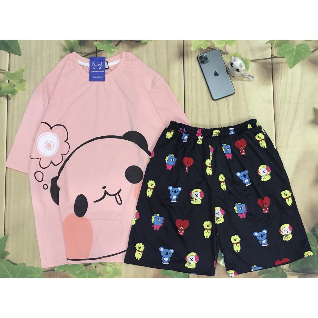 Đồ Bộ Nam Nữ Hoạt Hình Uniex Tay Lỡ Chibi Pig Hồng Lapi VN, Set Cartoon, Freesize, Thun Cotton Thoáng Mát