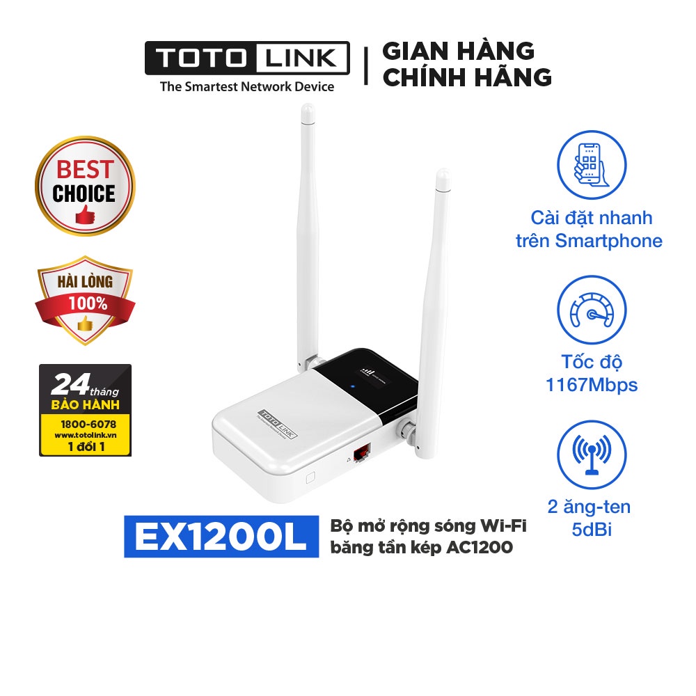 Bộ mở rộng sóng Wi-Fi băng tần kép chuẩn AC1200Mbps TOTOLINK EX1200L kích sóng