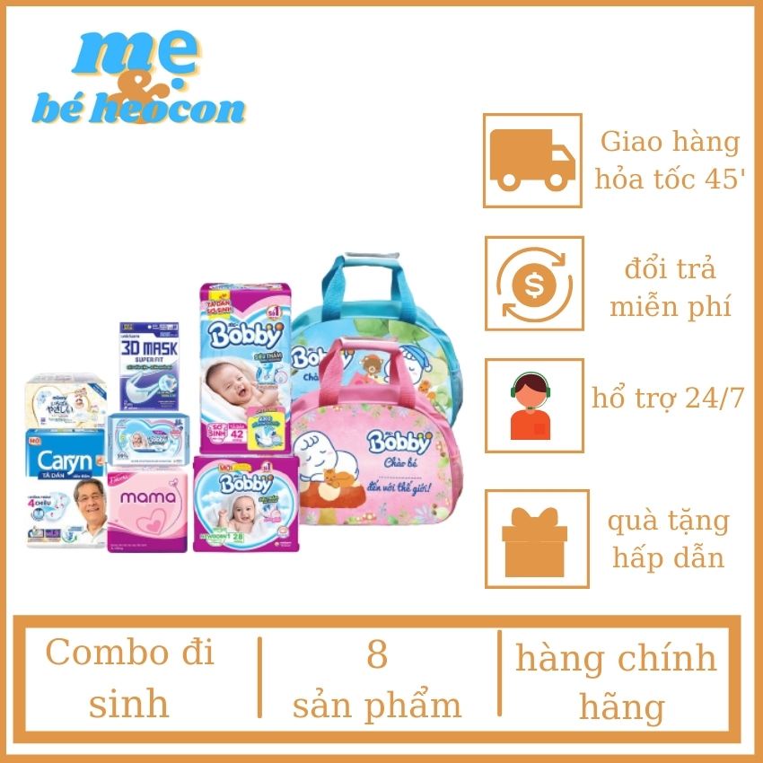 [Combo Chuẩn Bị Cho Mẹ Đi Sinh] Miếng Lót Sơ Sinh + Tả Dán XS + Mama + Tả Caryn  Người Lớn + Khăn Uớt + Mevabeheocon123