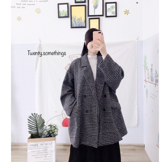 Áo Blazer Dạ Kẻ Oversize 2 Lớp Hàn Quốc (ảnh thật/sẵn/video)