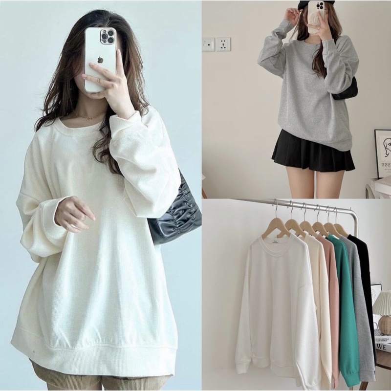 Áo sweater trơn dài tay nữ Unisex , Áo khoác nỉ tổ ong from rộng cổ tròn thu đông basic thời trang nữ Dumi