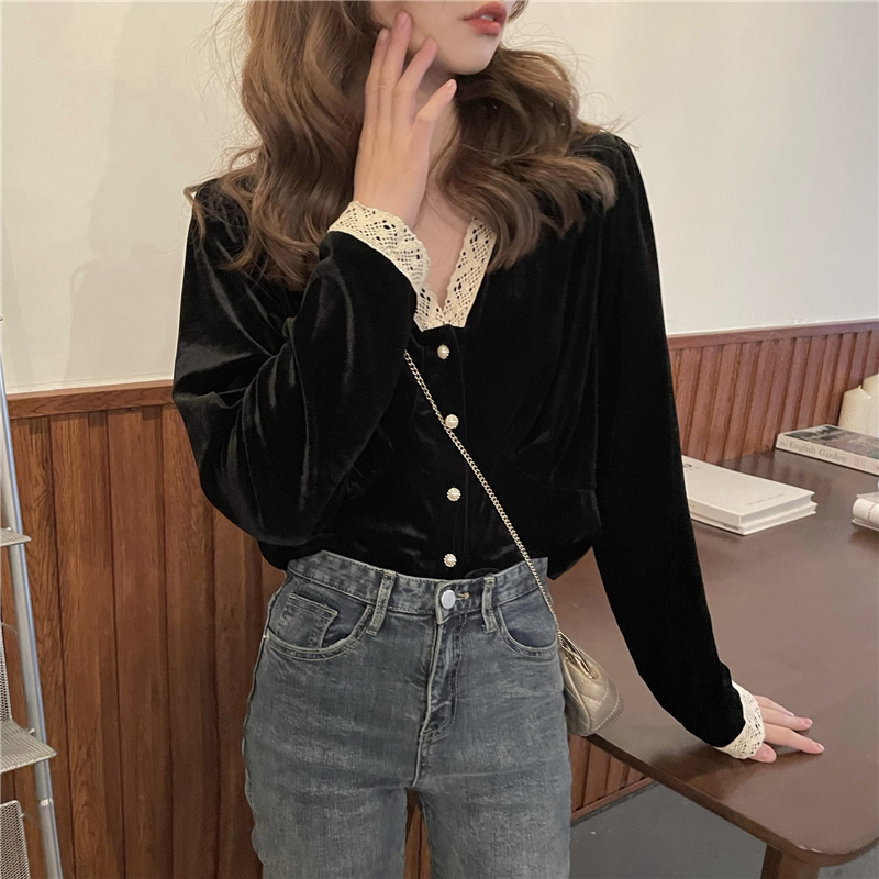 Áo Nhung Dài Tay Cổ Chữ V Xinh Xắn Theo Phong Cách Hàn Quốc Dành Cho Nữ