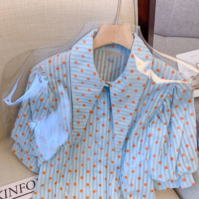 Áo Sơ Mi Chiffon Tay Phồng Ngắn Họa Tiết Chấm Bi Thời Trang Mùa Hè Dành Cho Nữ