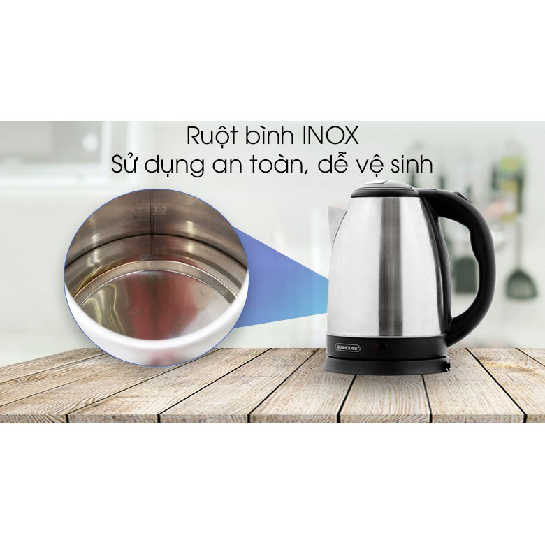 ẤM SIÊU TỐC, BÌNH ĐUN SIÊU TỐC SUNHOUSE SHD1182, 1,8 LÍT, INOX 2 LỚP, ĐUN SÔI NHANH, TỰ ĐỘNG NGẮT KHI SÔI.