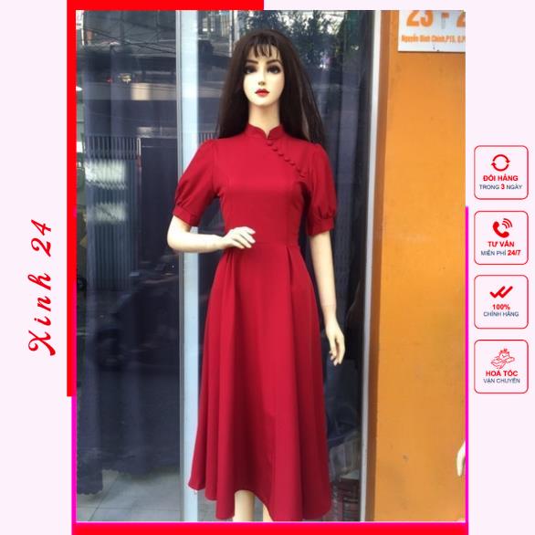Đầm váy đỏ đi tiệc sang chảnh cổ áo dài (kèm hình thật) | BigBuy360 - bigbuy360.vn