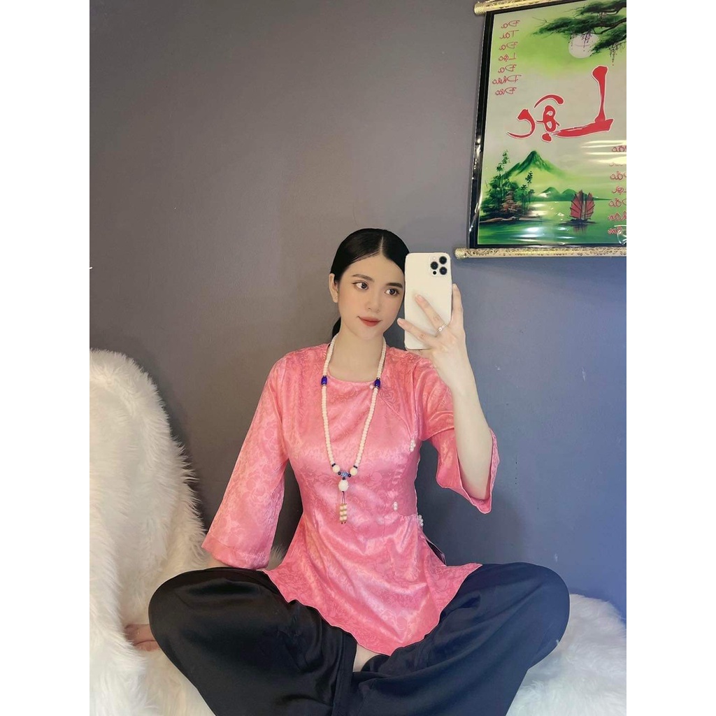 ĐỒ LAM ĐI CHÙA # ÁO BÀ BA GẤM XINH # set Phật tử lụa vân hoa kiểu cài lệch kèm quần AB23