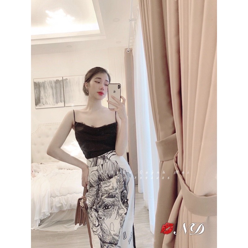 Set áo hai dây và chân váy hoạ tiết , gigi