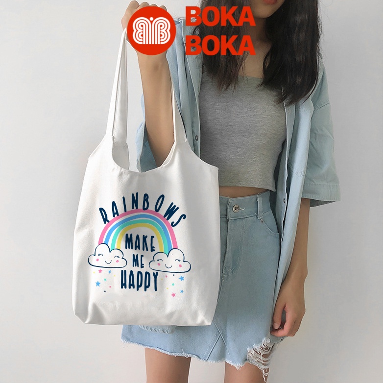 Túi Tote Vải Canvas Đeo Vai In Hình Rainbows Make My Happy Có Khóa