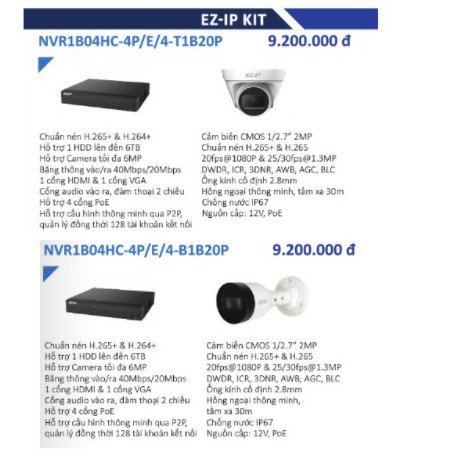 Bộ Kit 4 Camera Wifi EZ-IP Thân ngoài trời NVR1B04HC-4P/E/4-B1B20 hoặc Dome bán cầu trong nhà NVR1B04HC-4P