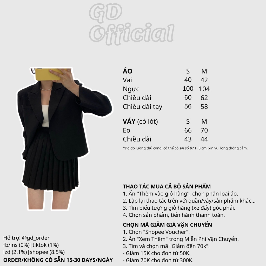 B28|Set bộ áo blazer dài tay nút cài hai lớp dày dặn, váy vest cho nữ xếp ly cạp lưng cao hàn quốc be, đen GD Official